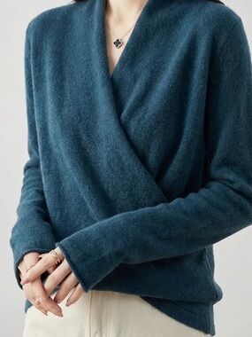 Hudson & Mark Slate Blue Wool Blend Wrap Sweater (Retired)-XL (Fits like Large)